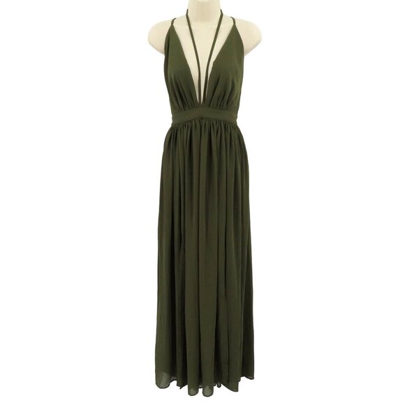 Miss Avenue Womens Small Green Deep V Neck Strappy High Slit Long Dress Gown - Picture 1 of 10